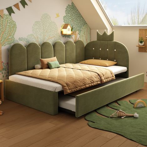 Lit banquette gigogne enfant 90x200 cm avec lit tiroir 90x190 cm, en velours, forme L, tête de lit couronne – Vert (Sans matelas) (1/5)