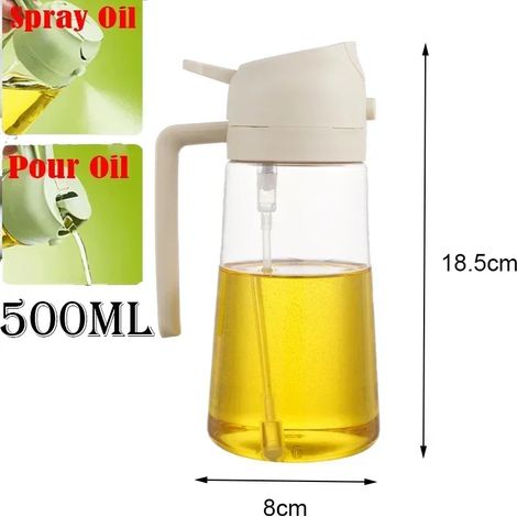 (2 usages, blanc, 500 ml) Flacon pulvérisateur d'huile 2 en 1 de 500 ml en plastique, distributeur d'huile, burette à huile, outil de cuisine pour barbecue, pâtisserie, rôtissage et pique-nique (1/5)