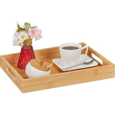 Relaxdays Bandeja Madera Bambú 5 x 34,5 x 25 cm, Bandeja Desayuno Cama, Asas, Borde Alto, Rectangular, Madera Natural
