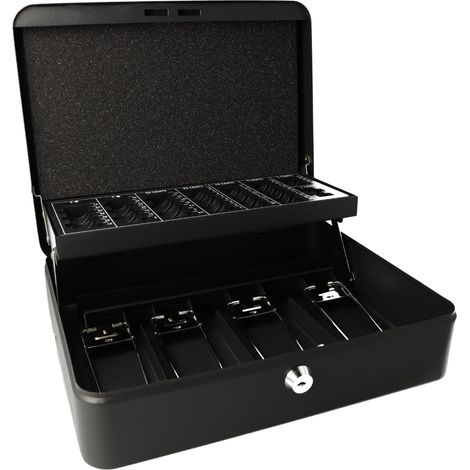 Caisse à Monnaie Verrouillable (Grande, 30 cm) Noire Boîte Robuste avec Serrure à Cylindre et 2 Clés 4 Compartiments à Billets et Plateau à Monnaie E-51003 BLACK (1/5)