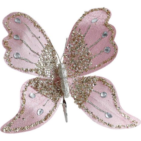 Bruchsicherer Schmetterling als Weihnachtsdekoration, 25 cm, glitzerndes Samtflügeldesign, für drinnen und draußen, Weihnachtsfeier, rosa (1/5)