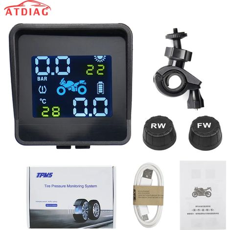 Système d'alarme de surveillance de la pression et de la température des pneus pour motos et véhicules motorisés, avec charge solaire USB et 2 capteurs externes. (1/5)