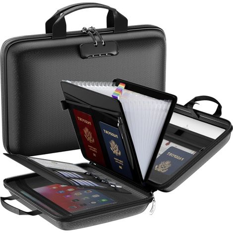 Rangement sécurisé pour documents importants, passeports et appareils électroniques, avec étui rigide à serrure et poches accordéon organisées. Portable, pour la maison, le bureau et les voyages. (1/5)