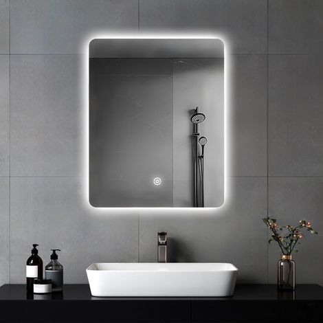 Miroir Salle de Bain avec Eclairage, 60 x 45 cm Rectangulaire Miroir Mural avec 3 Couleurs Lumière, Dimmable, Interrupteur Tactile (1/5)