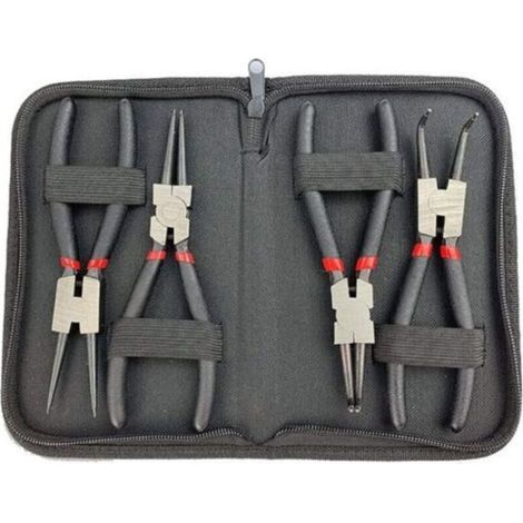 Set de 4 pinces à bec rond pour anneaux de retenue (150 mm / 6 pouces) – droites et coudées, pour montage/démontage intérieur et extérieur, avec poignées antidérapantes et étui de rangement (1/5)