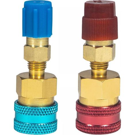 L'adaptateur à raccord rapide pour le côté basse pression des systèmes de climatisation automobile est fabriqué en alliage d'aluminium et mesure 70 x 20 mm (disponible en rouge, bleu et doré). (1/5)