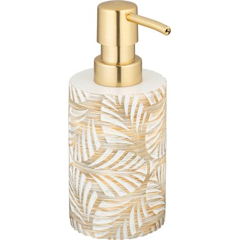 Wenko – Distributeur de savon polyresin 490ml – Gobelet salle de bain 7cm – Motif feuilles et accents dorés – Ensemble 2 pièces élégant (1/5)