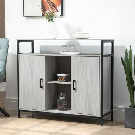 Buffet moderne en bois avec 2 placards et étagères. Meuble de cuisine et d'entrée gris clair. 100 x 34 x 87,2 cm