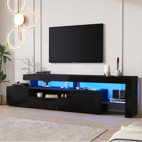 Meuble TV 192x37x53 cm pour TV jusqu'à 85 pouces avec LED, 3 rangements, finition noir brillant (1/5)