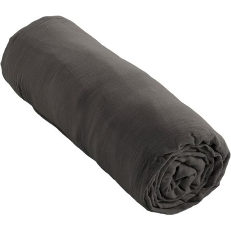 Drap housse Gaze de Coton 160x200 GAIA matelas épais Gris Granit (1/4)