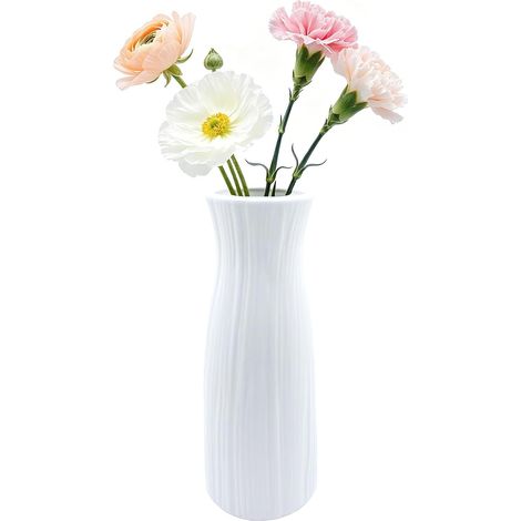 Vase en céramique blanc - 21 cm de haut - Surface lisse - Vase à fleurs design avec grain de bois - Vases modernes décoratives pour fleurs fraîches et séchées (1/5)