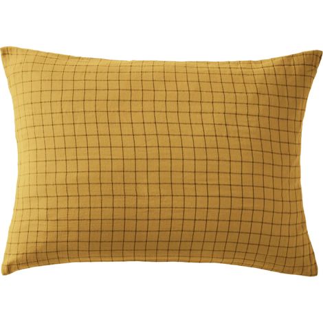 Taie d'oreiller à carreaux double gaze de coton jaune 50x70 (1/2)