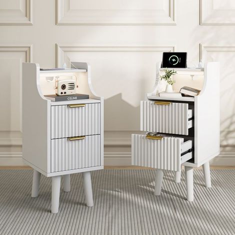 Lote de 2 mesas de noche blancas con diseño ondulado estrecho, Mesa auxiliar con 2 cajones, 1 estante, 25x30x60 cm, LED y enchufe, Blanco (1/5)