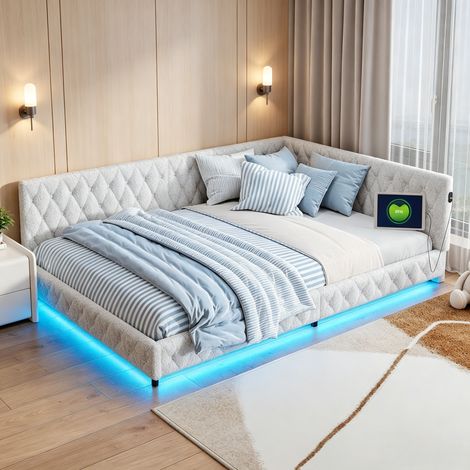 JOOKGBD-Lit Rembourré 140x200 cm,Lit Double 140x200 cm,Lit Adolescent, avec LED et Port USB,Tête de Lit Matelassée, Sommier à Lattes,Velours Teddy,pour Adultes et Adolescents,Beige (1/5)