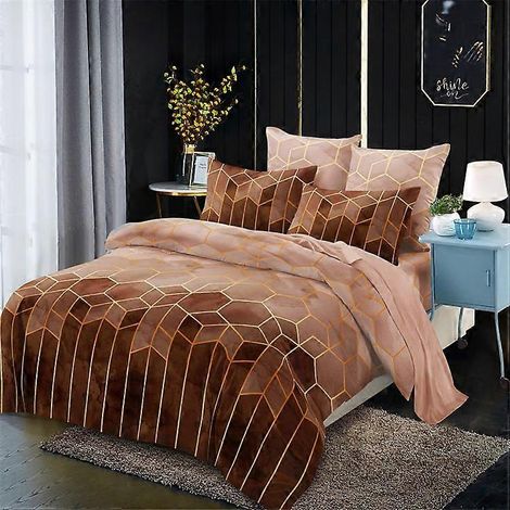 Parure de lit couleur camel 200x230 cm, taupe et marron, pour 2 adultes, housse de couette et 2 taies d'oreiller 50x75 cm, style géométrique 3D moderne avec fermeture éclair. (1/5)