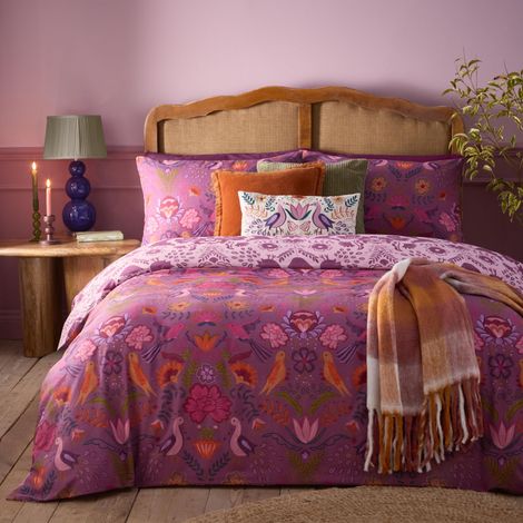 Housse De Couette Réversible Broderie Florale Oiseaux Mélange De Coton Entretien Facile Literie Prune King UK Standard 230x220cm (1/4)