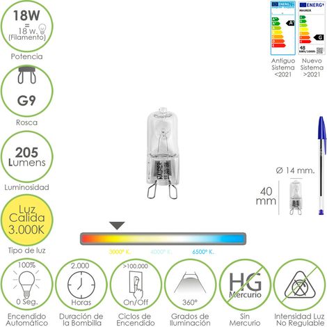 Lampadina alogena g-9. 18 w. 205 lumen. luce calda (3.000º k)