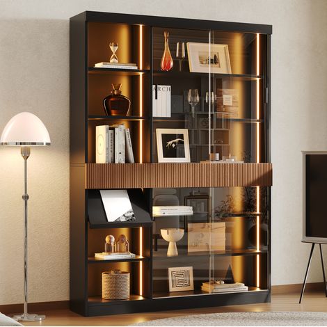 Vitrine LED avec portes coulissantes en verre trempé, 3 tiroirs, MDF noir marron, 120x28,5x180 cm (1/5)