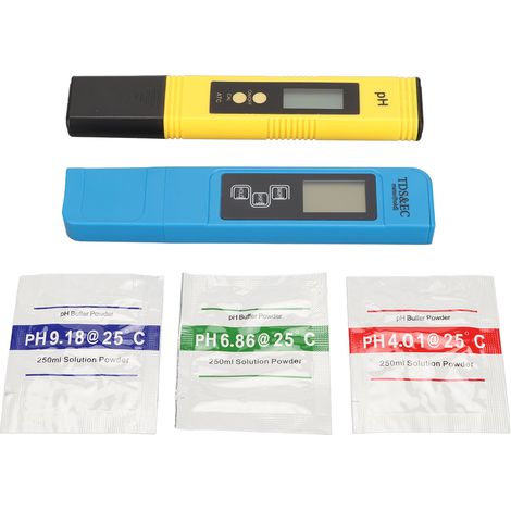 Testeur d'eau portable à écran horizontal rétroéclairé jaune, stylo pH bleu et stylo EC pour aquaculture, ensemble de mesure. (1/5)