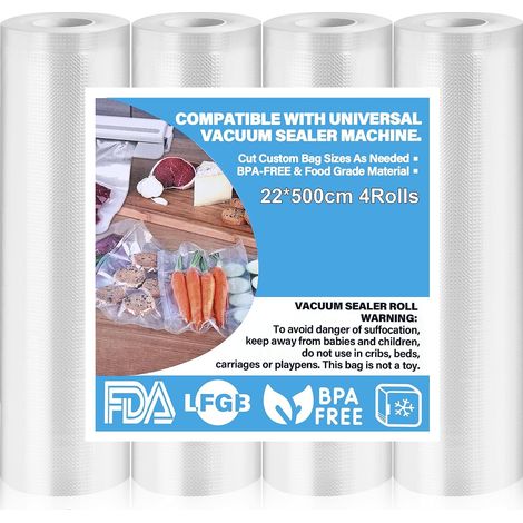 Lot de 4 rouleaux de sacs sous vide - 22 x 500 cm - Pour tous les appareils sous vide - Résistants à la déchirure - Sans BPA - Environ 190 µm - Pour tous les micro-ondes (1/5)