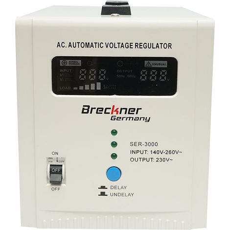 Stabilizzatore di tensione automatico 3000VA con relè monofase, 2 prese schuko 230V, display LCD Breckner Germany (1/5)