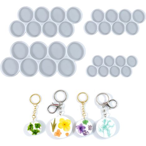 Ensemble de 32 moules ronds en silicone pour résine, comprenant des moules de 5 cm, 4,5 cm, 3,8 cm et 3,2 cm de diamètre, ainsi que des moules pour aimants, boucles d'oreilles et porte-clés ronds. (1/5)