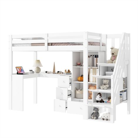 Hochbett 90 × 200 cm mit Geländer, Schreibtisch, Schubladen, offenem Stauraum, verstaubarer Leiter, mehreren Einlegeböden, EN 747 zertifiziert, Weiß, ohne Matratze