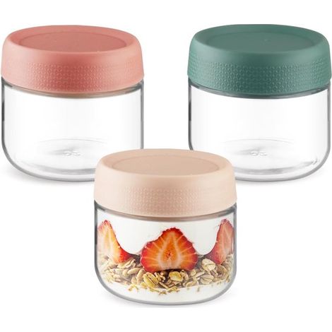 Tarros de cristal transparentes y vacíos con tapas herméticas, yogur, azúcar, mermelada y mucho más (3 unidades, varios colores, 350 ml) (1/4)