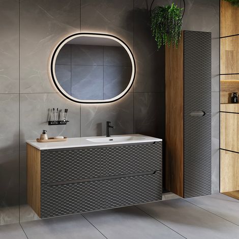 Conjunto de muebles con lavabo individual encastrado lado derecho 120 cm 2 cajones y columna Elora Negro y madera (1/5)
