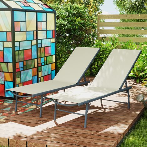 Lot de 2 bain de soleil chaise longue pliante textilène transat jardin extérieur inclinable 54 x 164 x 84 cm crème (1/5)