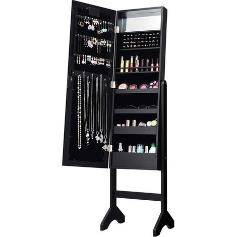 COSTWAY Armoire à Bijoux sur Pied avec 18 LED, Angle Réglable,Doublure en Velours Doux 35 × 31,5 x 145 CM (Noir)