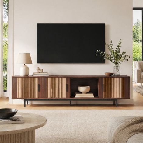 MEUBLIV Mobile TV 200 cm marrone/nero con LED, anta in vetro temperato e vani (1/5)