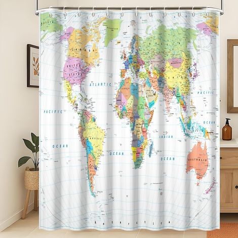 Rideau de Douche Carte du Monde Rideau de Salle de Bain coloré avec Carte Marine et océan Rideau de Douche océan côtier Blanc pour Salle de Bain Tissu imperméable 180x180cm (1/5)