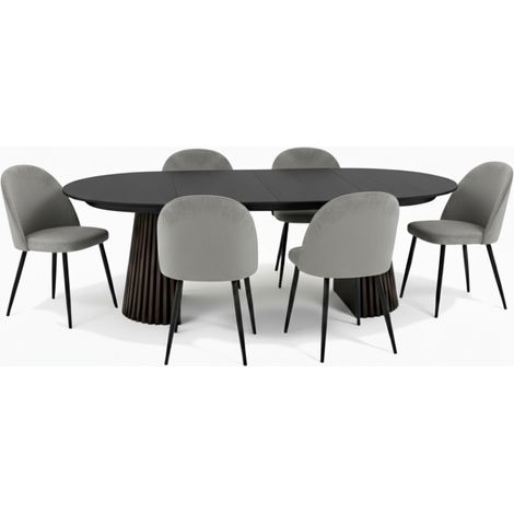 Tokyo Essgruppe Esstisch schwarz, 6 Stühle aus grauem Velours.