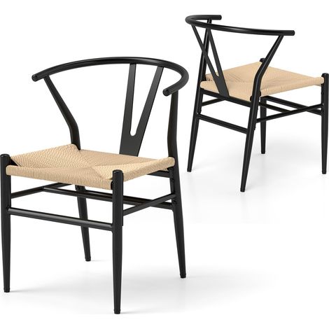 COSTWAY Set di 2 Sedie Sala da Pranzo, Sedie Moderna in Metallo con Seduta Intrecciato, Schienale a Forma di Y e Braccioli, Poltrone per Ufficio, Cucina e Ristorante, 46 x 59 x 73 cm (Nero e Naturale) (1/5)