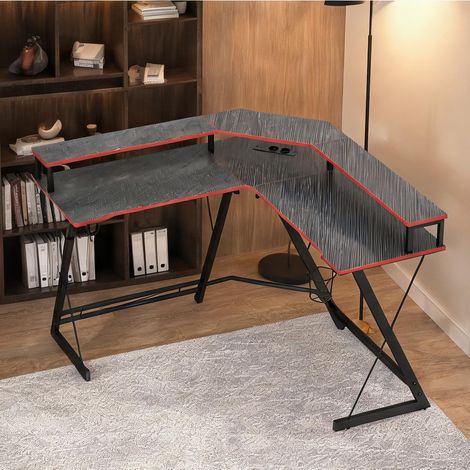 Bureau d'angle en bois noir 128 cm avec prise et support moniteur (1/5)