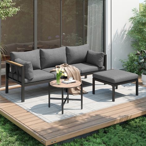 Gartenmöbel-Set, Eckgarnitur, Sofa + Couchtisch + Fußhocker, verzinktes Stahlrohr, Glastischplatte, geeignet für Gärten, Schwimmbäder und andere Außenbereiche, grau