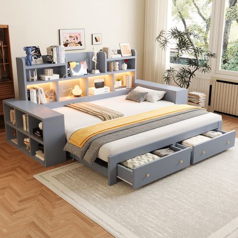 Canapé-lit extensible multifonctionnel en bois, 90/180 × 200 cm, avec rangements intégrés dans le dossier et les accoudoirs, compartiments de rangement, étagères et tiroirs, prise électrique et éclair (1/5)