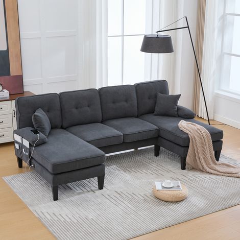 Canapé d'angle 4 places en U 250 x 130 x 88 cm Canapé rembourré avec dossier et 2 chaises longues et Port USB-C Tissu Lin Gris foncé (1/5)
