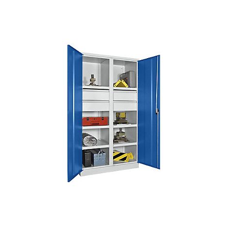 Schwerlastschrank, Vollblechtüren, mit Trennwand, 6 beschichtete Böden, 4 Schubl. 175 mm, BxTxH 1040x630x1950 mm, RAL 7035/5010