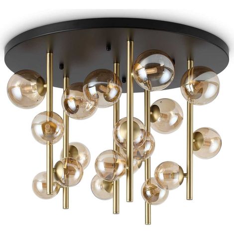 Ideal Lux PERLAGE Plafonnier globe à 18 lumières en laiton, abat-jour en verre ambré (1/3)