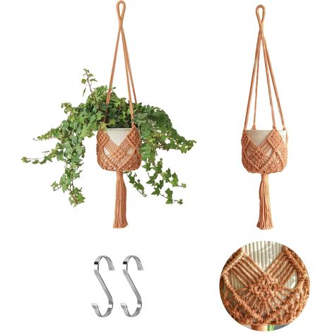 Hanging Planter with Patterns,2Packs Macrame Plant Hangers Indoor Macrame for up to 8 inch Pot Crochet Boho Plant Hanger Holder for Indoor Outdoor with 2S Shaped Stainless Steel Hooks (Caramel) (1/5)