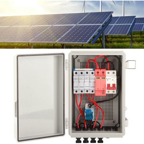 Boîtier de raccordement photovoltaïque 4 chaînes 500 V CC avec fusible de 15 A, disjoncteur 63 A CC, parafoudre et connecteur solaire. Indice de protection IP66. Convient aux systèmes photovoltaïques  (1/5)