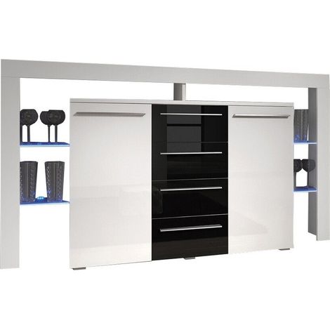Commode Aestas, Blanc + Noir brillant, Tiroirs et portes, Nombre de tiroirs: 4, 94x170x45cm, LED: Disponible