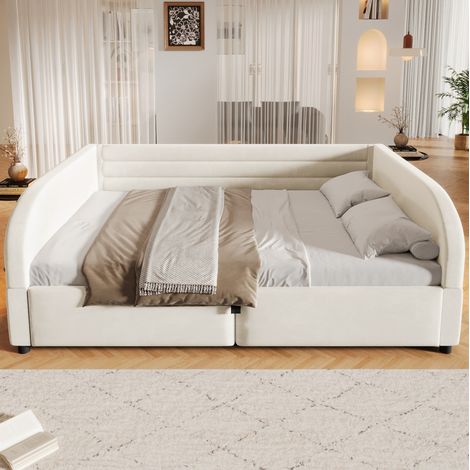 Cama con baúl 140x200 cm en tela beige con almacenaje hidráulico y LED (1/5)