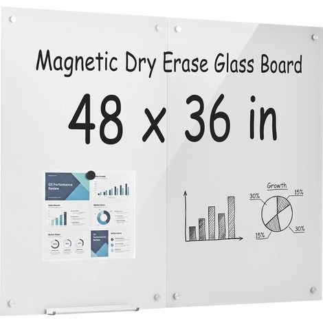 VEVOR Pizarra Magnetica de Cristal 2 Piezas 900 x 600 mm Borrado en Seco, para Oficina Escuela, Diseño sin Marco, Vidrio Templado, con Rotulador, Imanes, Borrador, Bandeja, Montaje en Pared, Blanco (1/5)