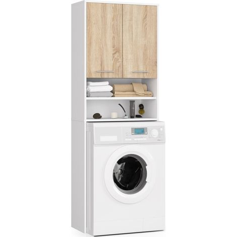 Meuble colonne salle de bain blanc 64 cm – 2 portes chêne sonoma – 4 étagères – Hauteur 180 cm – Profondeur 30 cm – Abamihome (1/5)