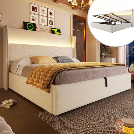 Letto matrimoniale contenitore LED 140x200 beige OKMYHOME (1/5)