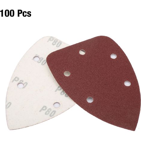 Ortviai Disque Abrasif Triangulaire en Oxyde d’Aluminium, 100 Pièces, Grains 80, 140 x 140 x 90 mm, 5 Trous (1/5)