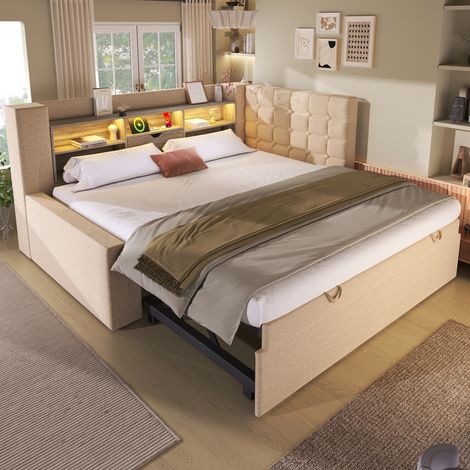 Lit rembourré 90x200 cm avec lit gigogne 90x190, éclairage LED, lit de rangement, tête de lit en L avec espace de rangement, montage réversible, sommier à lattes, lin, beige (sans matelas) (1/5)